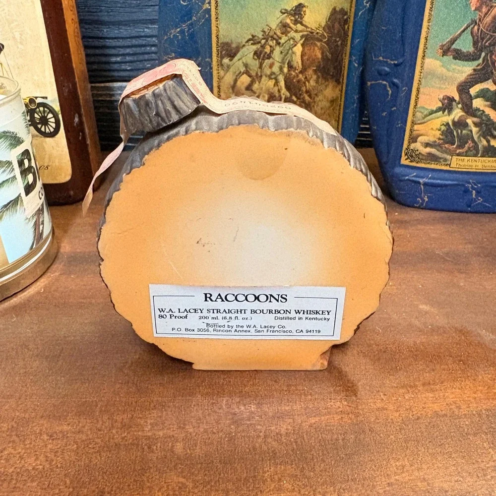 Vintage W.A. Lacey Raccoons in Log Ceramic Bourbon Whiskey Decanter Limited Ed